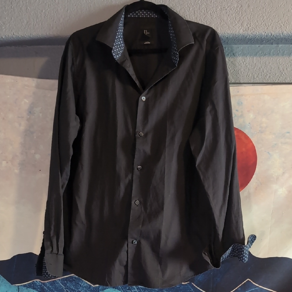 H&M Dark Gray Slim Fit Shirt with Patterned Collar And Cuffs